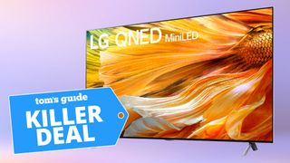A photo of the LG 65" Class 83 Series QNED Mini-LED 4K UHD Smart webOS TV on a purple background