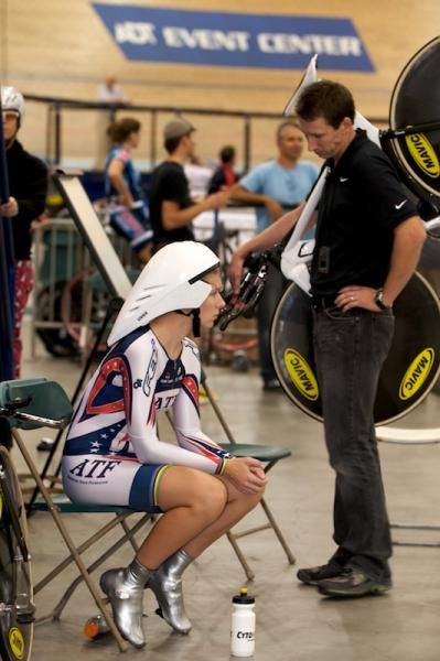 The waiting is the hardest part. Sarah Hammer (ATF) and Andy Sparks concentrate on the upcoming race.