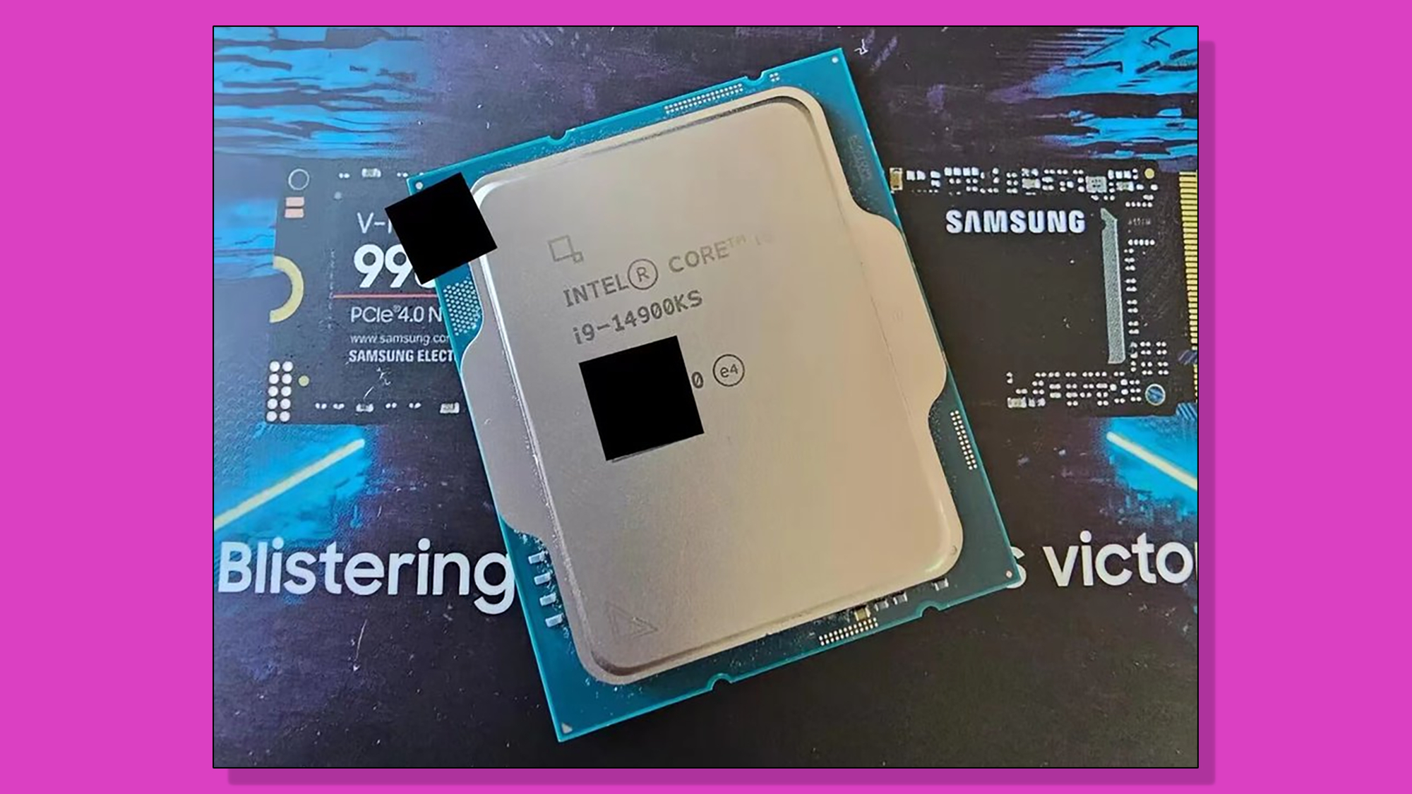 Un supuesto chip Intel Core i9-14900KS sobre un fondo rosa