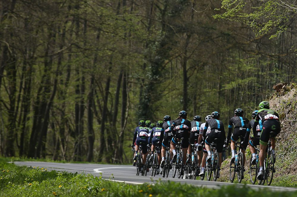 The peloton rides through the Belgian countryside during the 79th La Fleche Wallonne.