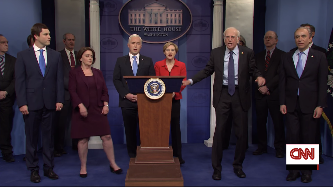 Colin Jost, Rachel Dratch, Beck Bennett, Kate McKinnon, Larry David, and Fred Armisen.