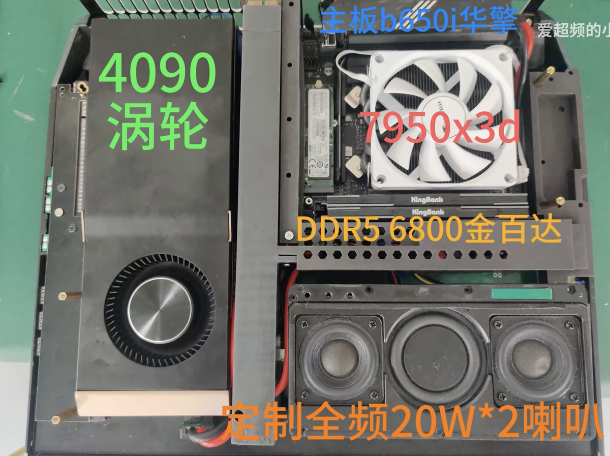 The innards of a modded laptop with a desktop-grade, custom blower-style RTX 4090 card.