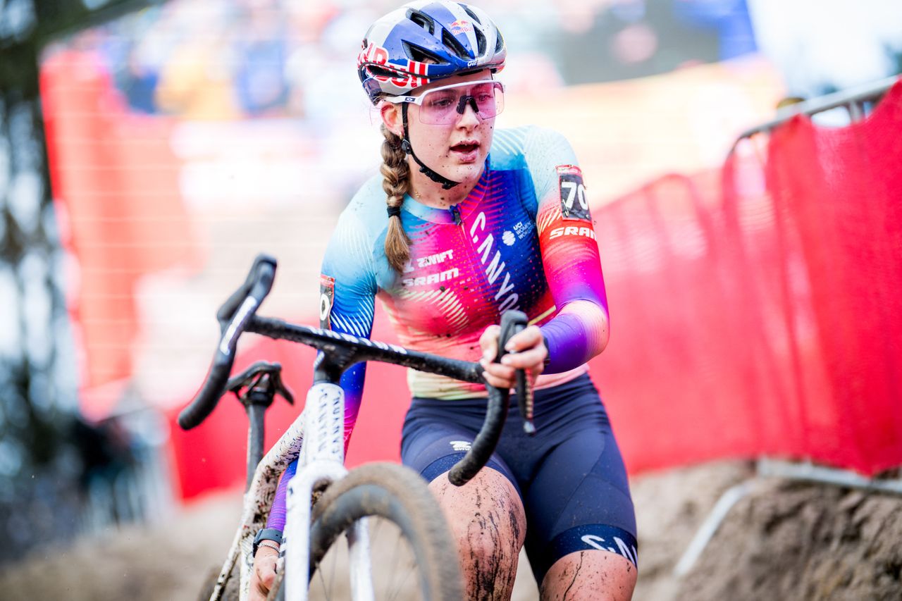 Zoe Backstedt pictured in action during the women&#039;s elite race at the World Cup cyclocross cycling event in Zonhoven on Sunday 22 December 2024