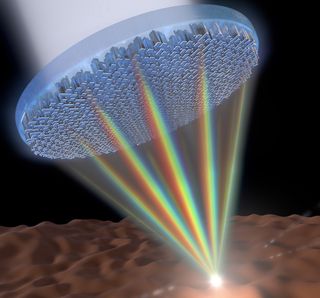 This flat metalens can focus nearly the entire visible spectrum of light in the same spot and in high resolution.