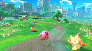 En skärmdump från Kirby and the Forgotten Land-spelet som visar Kirby på en grön slätt och suger in en fiende.