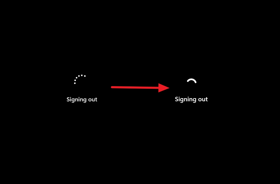 Black screen with two "Signing out" messages. The left shows a dotted circle, and the right shows a half-circle. A red arrow points from left to right.