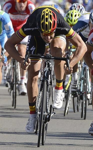 Belgian champion Tom Boonen (Omega Pharma-QuickStep) sprints to victory in the 2012 edition of Paris-Brussels.