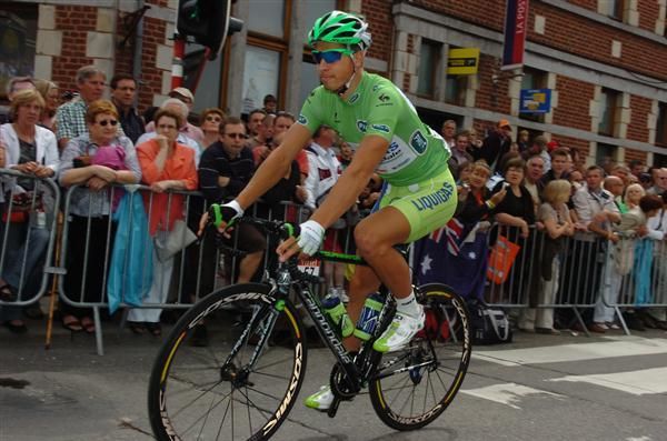 Green jersey holder Peter Sagan (Liquigas-Cannondale) heads to the start of stage 2