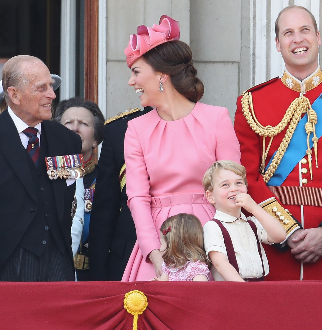Queen Elizabeth, Prince Philip, Kate Middleton, Princess Charlotte, Prince George and Prince William on the balcony at Buckingham Palace 