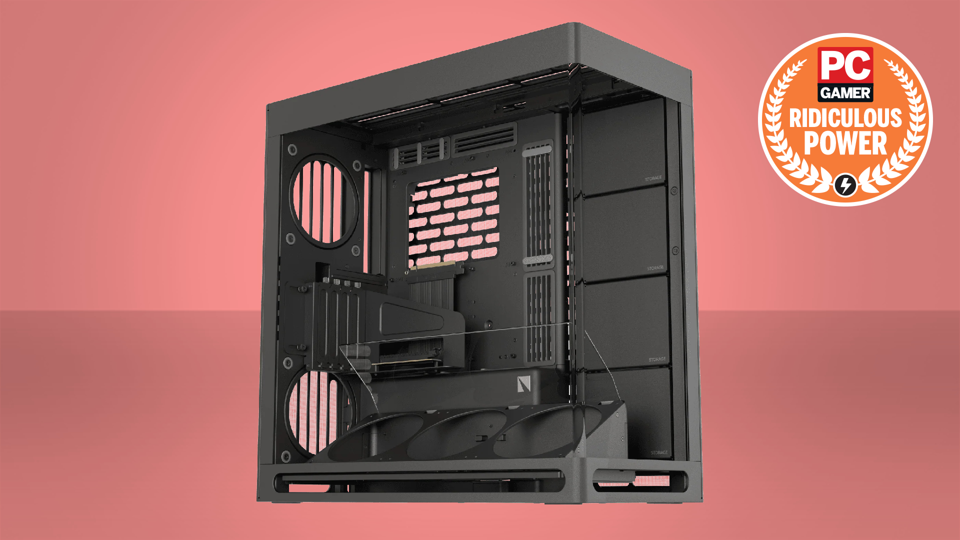 The Havn HS 420 VGPU PC case on a red/orange background with the PC Gamer "Ridiculous Power" badge in the top right