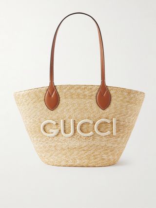 Leather-Trimmed Appliquéd Raffia Tote