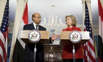 U.S. Secretary of State Hillary Clinton meets with Abubakr al-Qirbi, the Foreign Minister of Yemen.