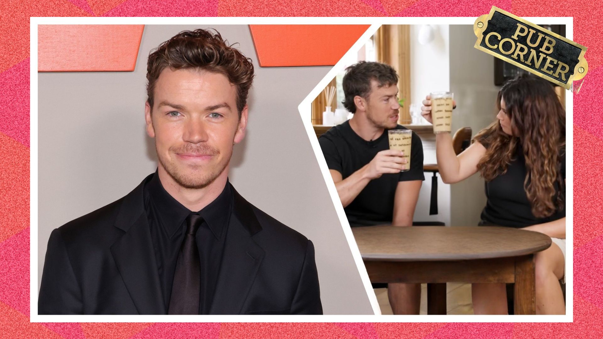 an image of will poulter on the red carpet for film Warfare spliced with an image of him doing Shortlist's Pub Corner segment at the Lucky Saint