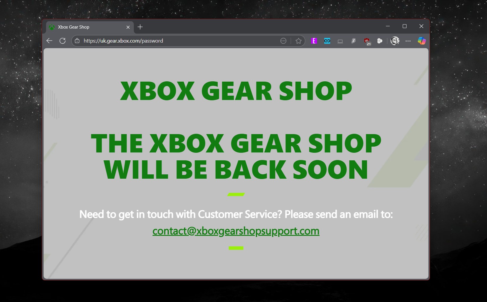 Xbox Gear Shop website, saying it will &quot;be back soon.&quot; 