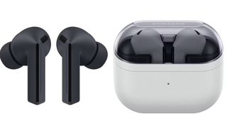 A leaked image (leaked by Samsung) of the Galaxy Buds 3 FE in gray alongside a set in white inside their charging case.