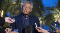 US Secretary of Defense Chuck Hagel speaks with reporters after reading a statement on chemical weapon use in Syria during a press conference in Abu Dhabi, United Arab Emirates on April 25, 2