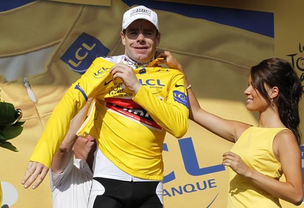Cadel Evans (BMC Racing Team) dons the maillot jaune