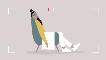 Graphic of tired woman sitting in chair with low battery sign over her head, symbolic of how to avoid burnout without quitting your job