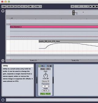 Fig. 3. The Utility plug-in is flipping the polarity of the Boom kick, and the Boom kick has been nudged less than a millisecond to the right to offset phase cancellation. 