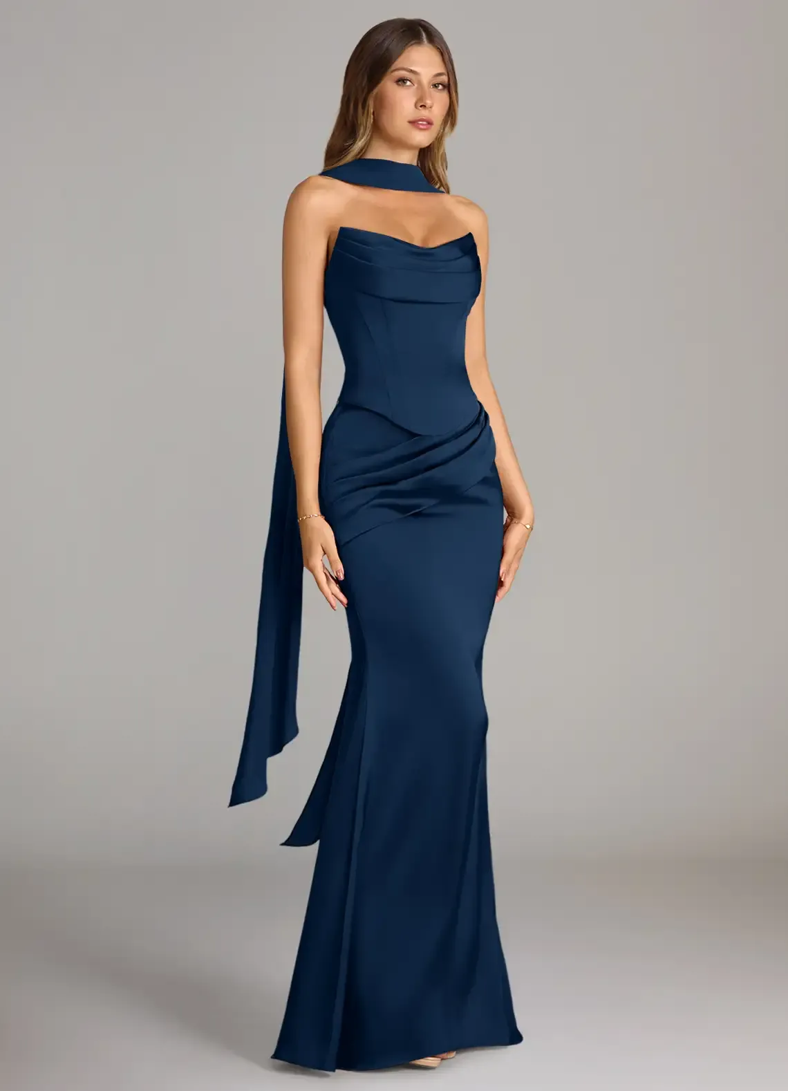 Azazie, Dark Navy Mermaid Strapless Stretch Satin Convertible Dress