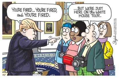 Political cartoon U.S. Trump White House chaos revolving door