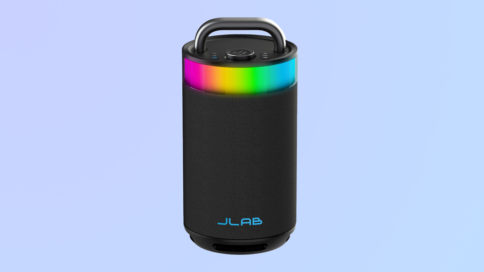 the JLab epic party speaker with rainbow LEDs against a blue background