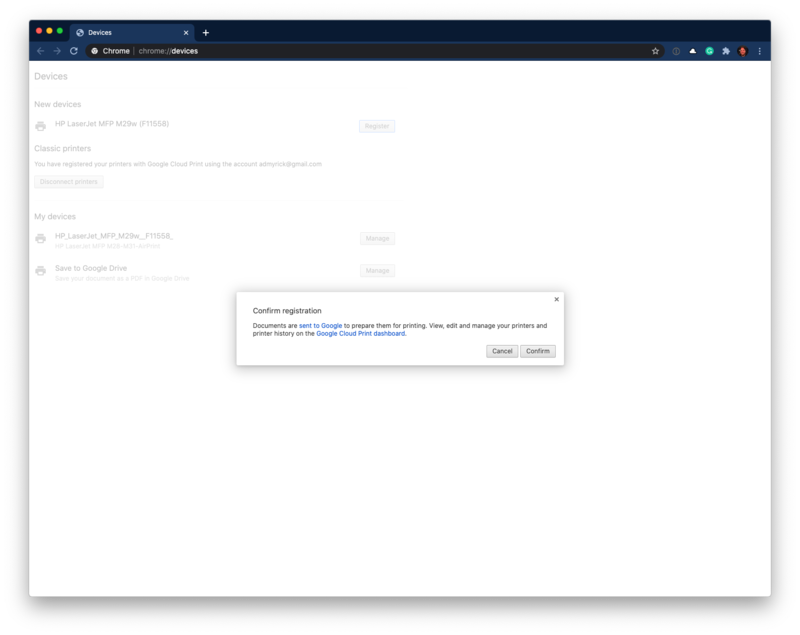 Confirm Printer Registration Chrome