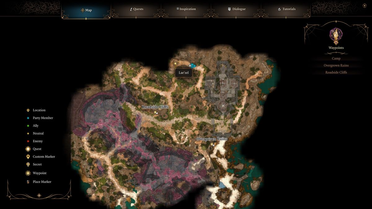 Baldur's Gate 3 - A map showing Lae'Zel located north of the Roadside Cliffe waypoint