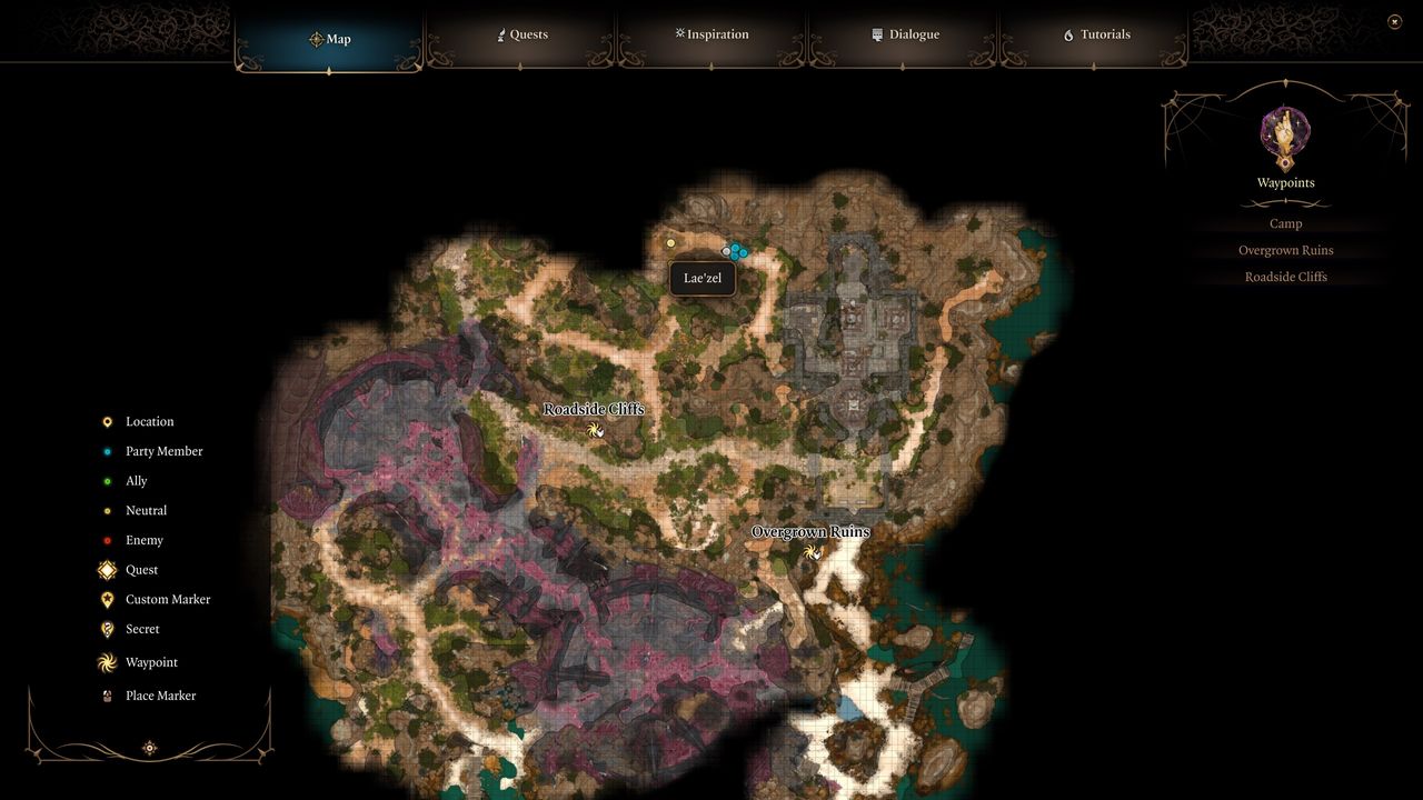 Baldur's Gate 3 - A map showing Lae'Zel located north of the Roadside Cliffe waypoint