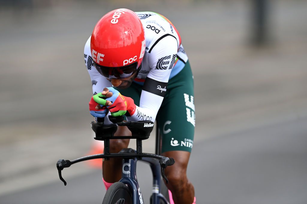 BUDAPEST HUNGARY MAY 07 Merhawi Kudus Ghebremedhin of Eritrea and Team EF Education Easypost sprints during the 105th Giro dItalia 2022 Stage 2 a 92km individual time trial stage from Budapest to Budapest ITT Giro WorldTour on May 07 2022 in Budapest Hungary Photo by Stuart FranklinGetty Images
