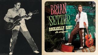 An inset photo of Eddie Cochran (left) from his posthumous Legendary Masters Series album and the cover of Brian Setzer's Rockabilly Riot! All Original album. Setzer borrowed the pants Cochran is wearing from the Rock and Roll Hall of Fame in an effort to match his outfit as closely as possible.