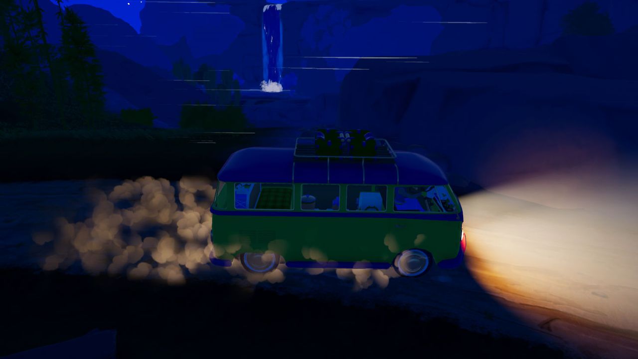 Screenshots of Outbound game play showing camper van traveling through a festival at night.
