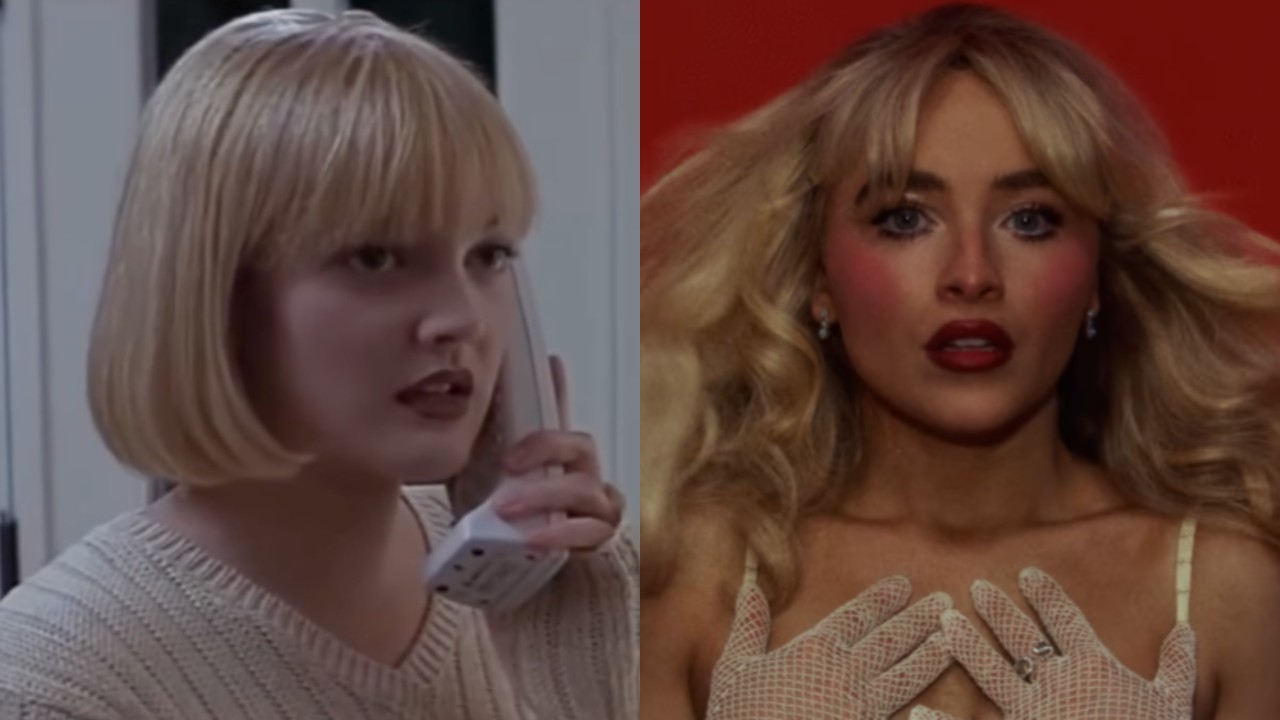 Drew Barrymore in Scream holding a phone up to her right ear and Sabrina Carpenter in the Tears music video with her hands held up to her chest. 