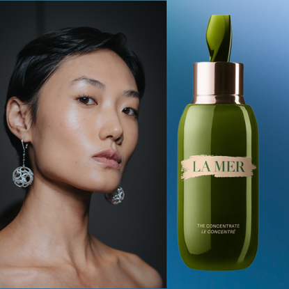 A woman with a pixie cut wearing disco drop earrings. She is next to three beauty products on a blue background. 