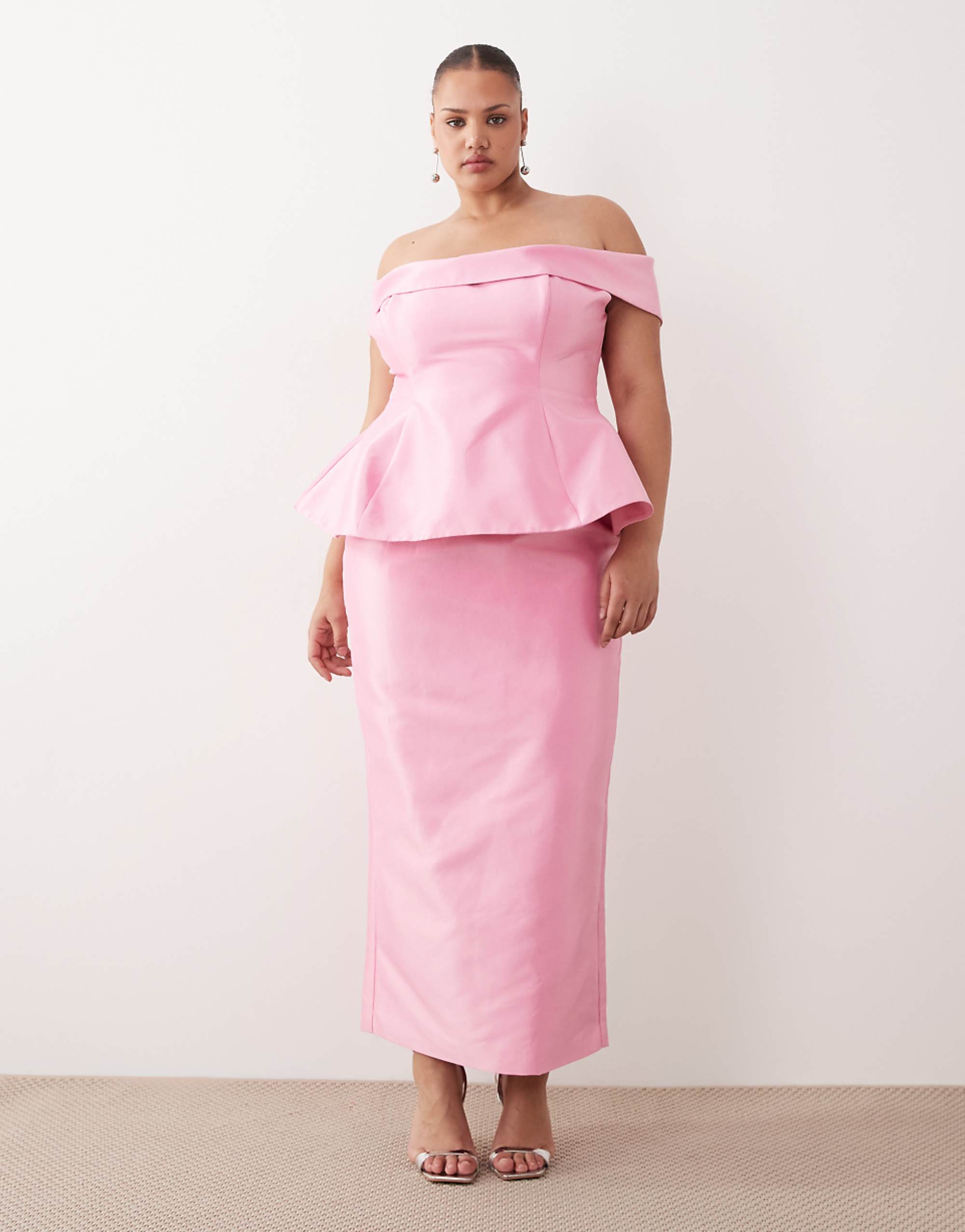 Arrange Curve Structured Off-The-Shoulder Satin Maxi Dress in Pink