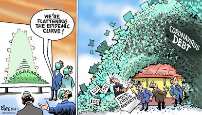 Political Cartoon U.S. flatten the curve post economic turmoil coronavirus debt