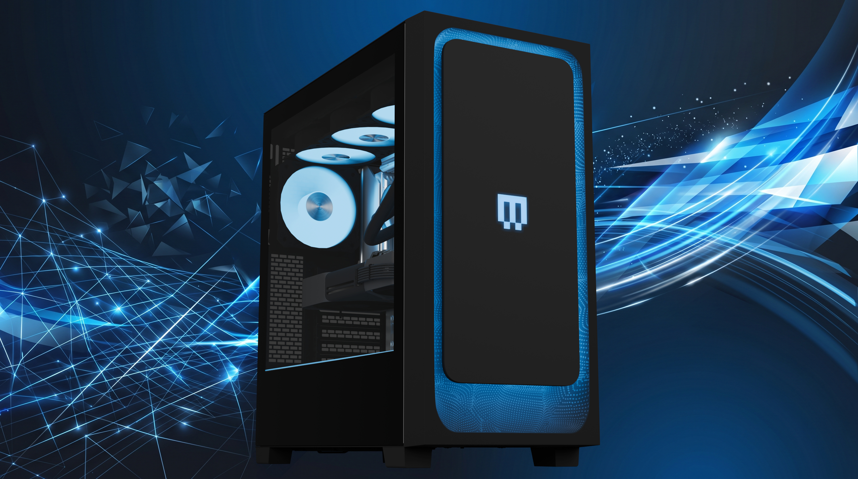 A sleek black gaming PC with blue LED lighting is set against a dynamic blue abstract background, conveying a futuristic and tech-savvy vibe.