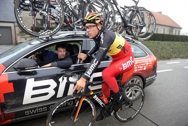 Philippe Gilbert drops back to the team car during BMC's Omloop Het Nieuwsblad pre-ride.