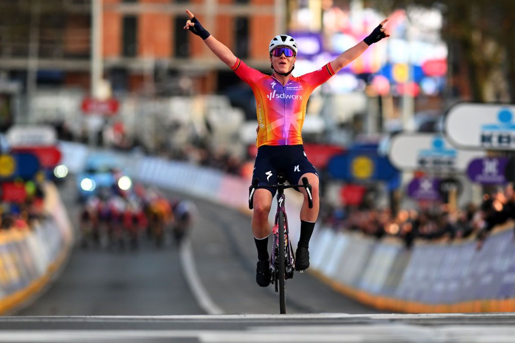 NINOVE BELGIUM FEBRUARY 25 EDITORS NOTE ALTERNATE CROP Lotte Kopecky of Belgium and Team SD Worx celebrates at finish line as race winner during the 18th Omloop Het Nieuwsblad Elite 2023 Womens Elite a 1322km one day race from Ghent to Ninove OHN23 on February 25 2023 in Ghent Belgium Photo by Luc ClaessenGetty Images