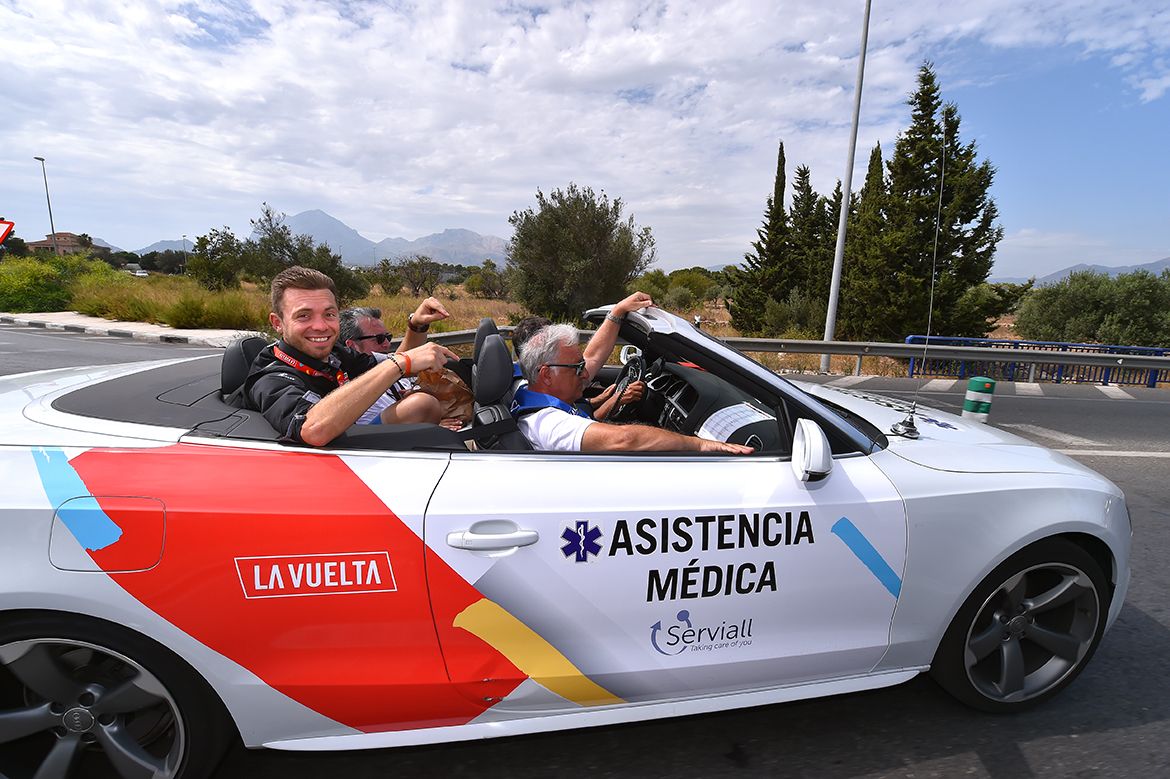 Kris Boeckmans taking in the Vuelta a Espa&ntilde;a from the medical car