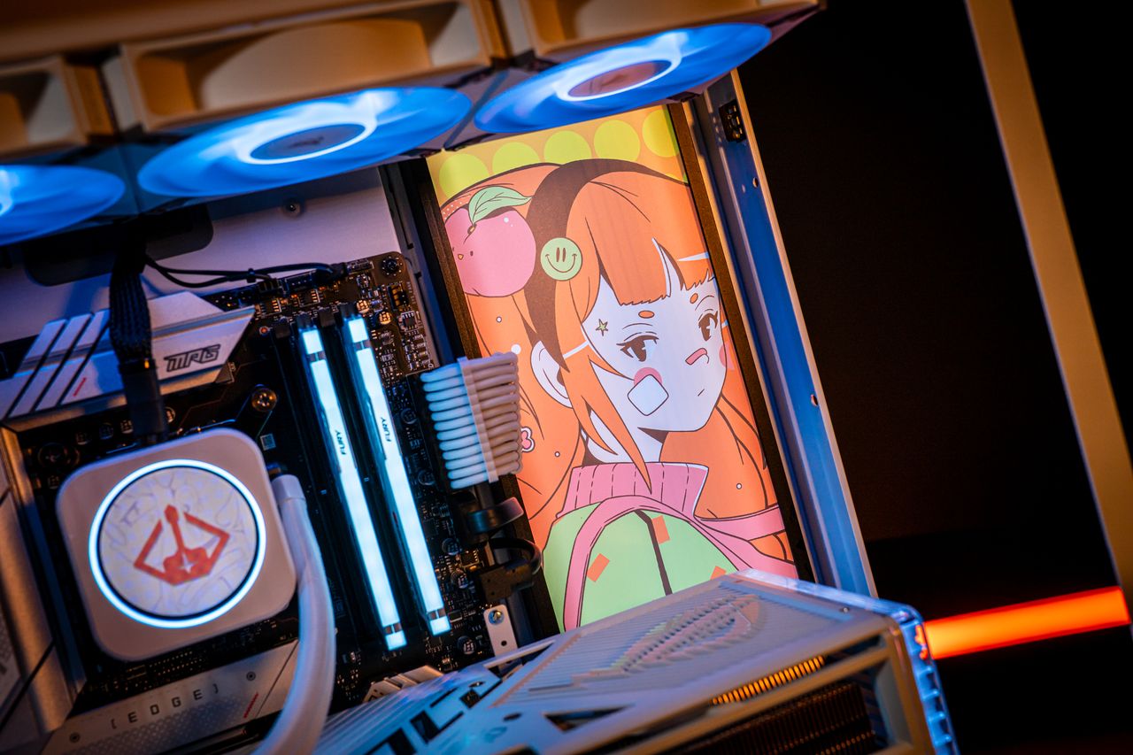 Dunkin's themed PC covered in anime girls.