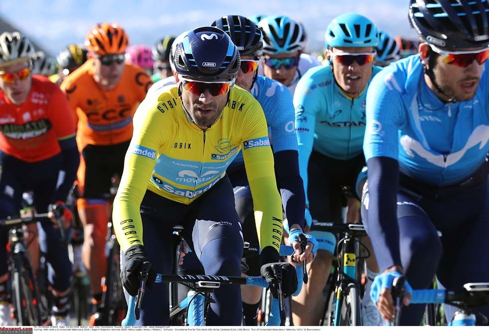 Alejandro Valverde (Movistar) in yellow at the The peloton tackle stage 4 of the Volta a la Comunitat Valenciana