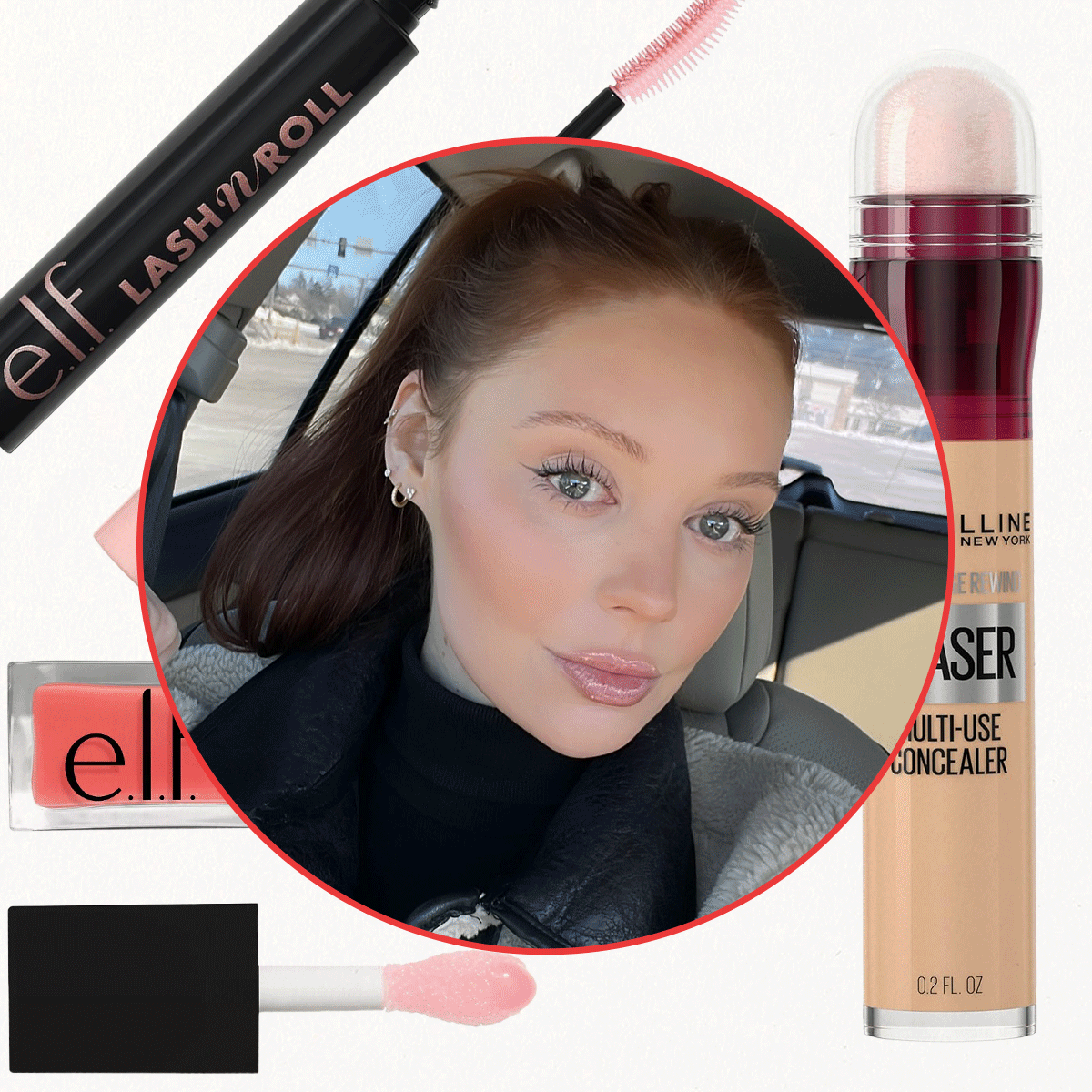 Beauty editor GIF juxtaposed by drugstore beauty products