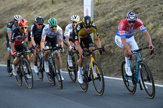 SANREMO ITALY MARCH 20 Caleb Ewan of Australia and Team Lotto Soudal Maximilian Schachmann of Germany and Team Bora Hansgrohe Wout Van Aert of Belgium and Team Jumbo Visma Mathieu Van Der Poel of Netherlands and Team AlpecinFenix during the 112th MilanoSanremo 2021 a 299km race from Milano to Sanremo Poggio di San Sanremo 160m MilanoSanremo La Classicissima UCIWT on March 20 2021 in Sanremo Italy Photo by Tim de WaeleGetty Images