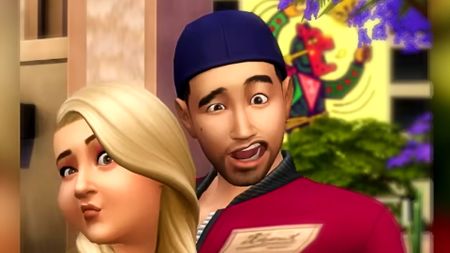 The Sims 4 Lovestruck gameplay reveal trailer showing a young couple taking a close-up selfie while making silly faces