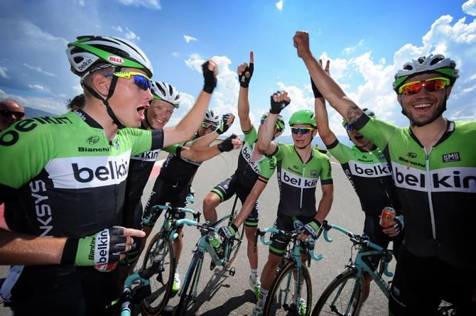 Belkin celebrates the stage 3 win in Utah