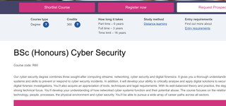 A screenshot of the home page for a BSc in Cyber Security offered by The Open University