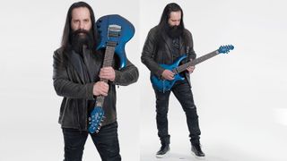 Petrucci with a seven-string Kinetic Blue Ernie Ball Music Man Majesty