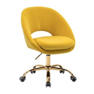 A yellow office chair with golden legs and black wheels