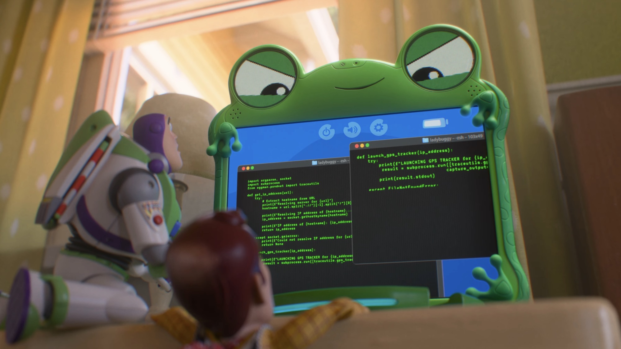 Lily Pad glaring down at Buzz and Woody while running diagnostics in Toy Story 5